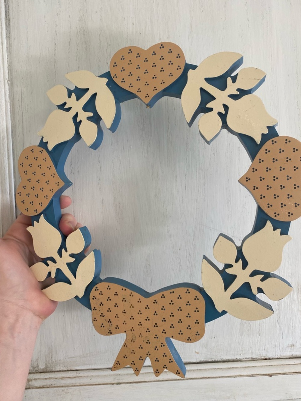 Handcrafted Blue and Cream Wooden Holiday Wreath by